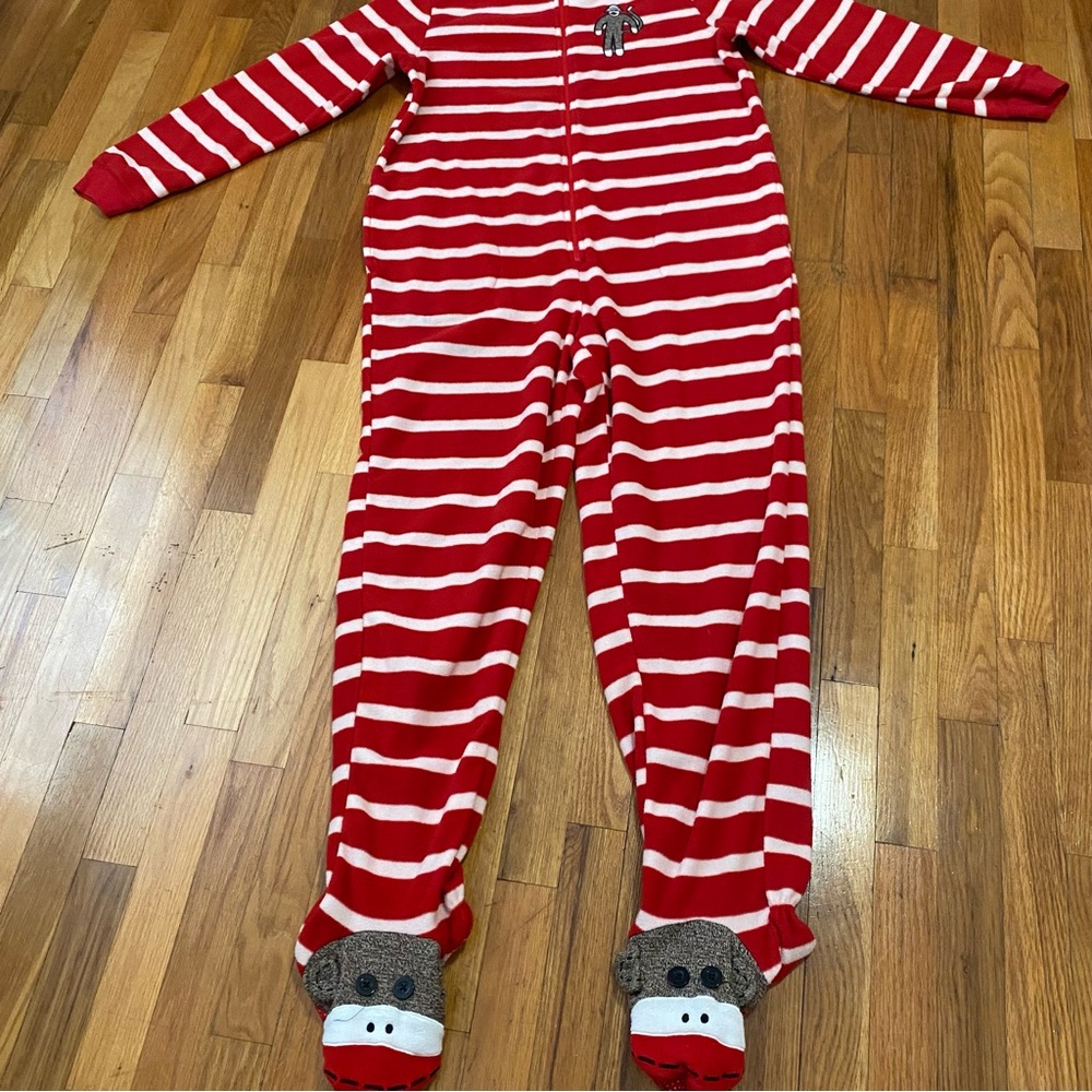 Nick and Nora sock monkey, one piece, red and white stripe pajama size medium